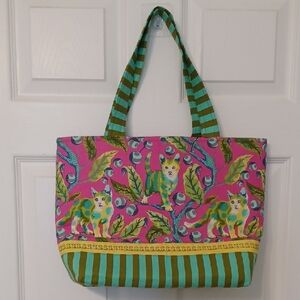 Tula Pink Tabby Road Tote Bag. Colorful Cat Print Tote Bag in Pink and Green.